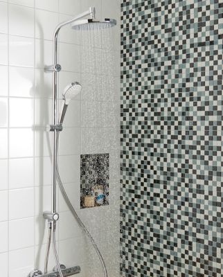 Colonne de douche sans robinetterie avec douchette 3 jets + flexible + barre réglable, chrome, Hansgrohe Reno 220 surface