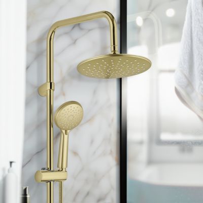 Colonne de douche sans robinetterie avec douchette + pomme de tête + barre réglable + flexible, doré, Wenko Young Line