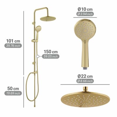 Colonne de douche sans robinetterie avec douchette + pomme de tête + barre réglable + flexible, doré, Wenko Young Line