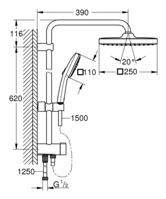 Colonne de douche sans robinetterie avec douchette + pommeau + flexible + barre, chrome carré, Grohe Vitalio Start 250