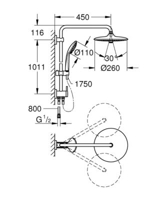 Colonne de douche sans robinetterie avec pommeau + douchette 3 jets + flexible + barre réglable, chrome, Grohe Vitalio Joy System 260