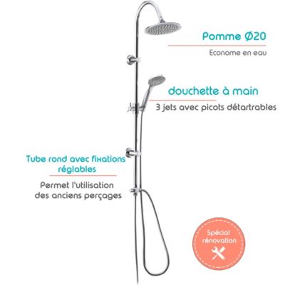 Colonne de douche sans robinetterie avec pommeau + douchette 3 jets + flexible + barre réglable, chrome, Sarodis Duo Smart
