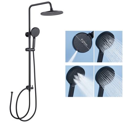 Colonne de douche sans robinetterie avec pommeau + douchette 4 jets + flexible + barre réglable, Noir