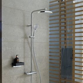 Colonne de douche système de douche mural laiton chromé + mélangeur, pommeau de douche et tête ronde, 122x48,5x26cm