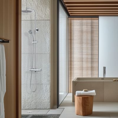 Colonne de douche thermostatique avec pomme de tête, douchette et flexible, chrome, Valentin Essentialis