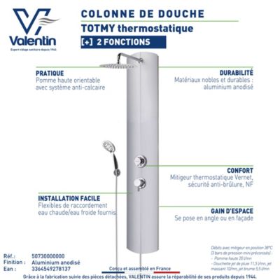 Colonne de douche thermostatique avec pomme de tête, douchette et flexible, en aluminium anodisé gris, Valentin Totmy