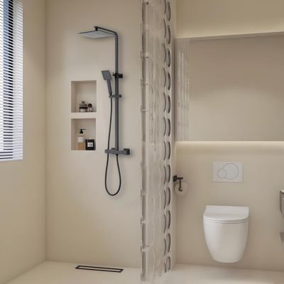 Colonne de douche thermostatique avec pomme de tête, douchette et flexible, noir mat, GoodHome Kozo