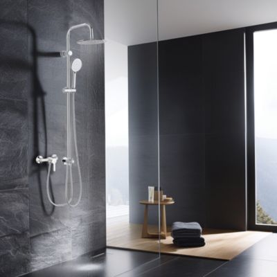 Colonne de douche thermostatique avec pomme de tête ronde, douchette et flexible, chrome, Valentin Inouie