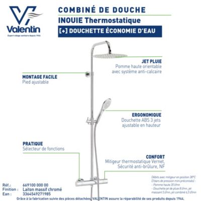 Colonne de douche thermostatique avec pomme de tête ronde, douchette et flexible, chrome, Valentin Inouie
