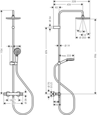Colonne de douche thermostatique avec pommeau + douchette 1 jet + flexible + barre réglable, chromé, Hansgrohe Vernis Blend 200 EcoSmart