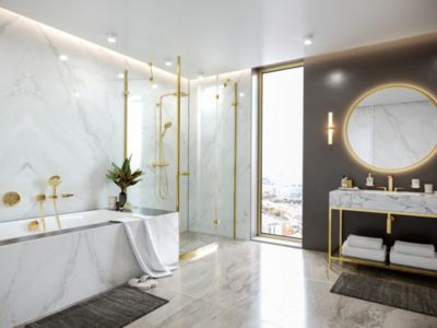 Colonne de douche thermostatique avec pommeau + douchette 1 jet + flexible + barre réglable, doré, Hansgrohe Raindance Select S 240 PowderRain