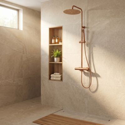 Colonne de douche thermostatique avec pommeau + douchette 1 jet + flexible, cuivré, Essebagno Lollipop