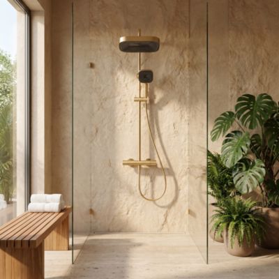 Colonne de douche thermostatique avec pommeau + douchette 1 jet + flexible, doré, Essebagno Encarre