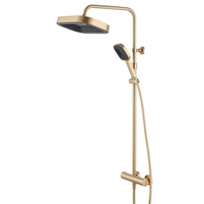 Colonne de douche thermostatique avec pommeau + douchette 1 jet + flexible, doré, Essebagno Encarre