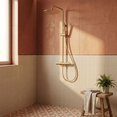 Colonne de douche thermostatique avec pommeau + douchette 1 jet + flexible, doré, Essebagno Lollipop