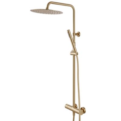 Colonne de douche thermostatique avec pommeau + douchette 1 jet + flexible, doré, Essebagno Lollipop