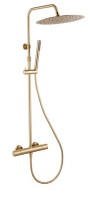 Colonne de douche thermostatique avec pommeau + douchette 1 jet + flexible, doré, Essebagno Lollipop