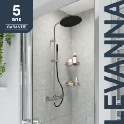 Colonne de douche thermostatique avec pommeau, douchette 2 jets, flexible, barre réglable, chrome, GoodHome Levanna
