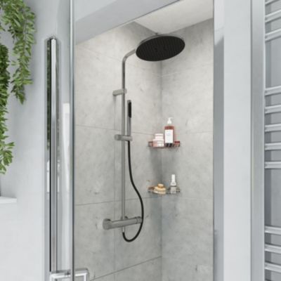 Colonne de douche thermostatique avec pommeau, douchette 2 jets, flexible, barre réglable, chrome, GoodHome Levanna