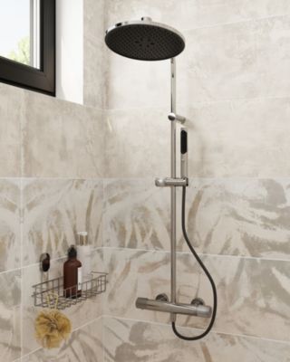 Colonne de douche thermostatique avec pommeau, douchette 2 jets, flexible, barre réglable, chrome, GoodHome Levanna