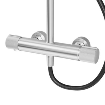 Colonne de douche thermostatique avec pommeau, douchette 2 jets, flexible, barre réglable, chrome, GoodHome Levanna