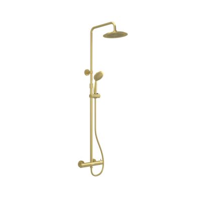 Colonne de douche thermostatique avec pommeau + douchette 2 jets + flexible + barre réglable, doré brossé, Galedo Arty