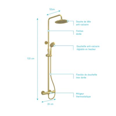 Colonne de douche thermostatique avec pommeau + douchette 2 jets + flexible + barre réglable, doré brossé, Galedo Arty