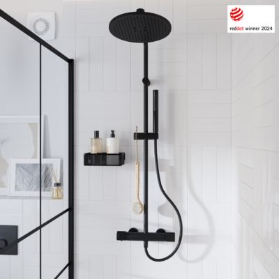 Colonne de douche thermostatique avec pommeau, douchette 2 jets, flexible, barre réglable, noir, GoodHome Levanna