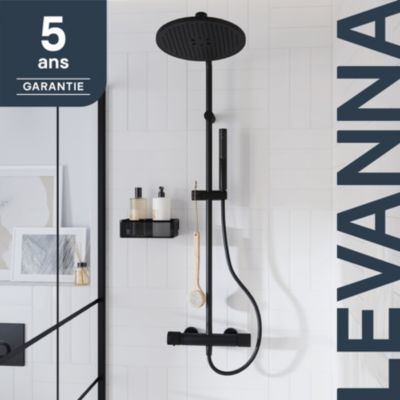 Colonne de douche thermostatique avec pommeau, douchette 2 jets, flexible, barre réglable, noir, GoodHome Levanna