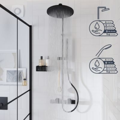 Colonne de douche thermostatique avec pommeau, douchette 2 jets, flexible, barre réglable, noir, GoodHome Levanna