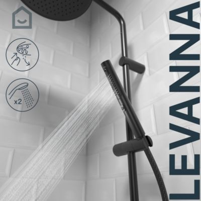 Colonne de douche thermostatique avec pommeau, douchette 2 jets, flexible, barre réglable, noir, GoodHome Levanna