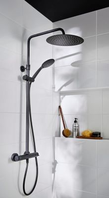 Colonne de douche thermostatique avec pommeau + douchette 3 jets + flexible + barre réglable, noir mat, GoodHome Weddell