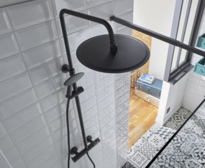Colonne de douche thermostatique avec pommeau + douchette 3 jets + flexible + barre réglable, noir mat, GoodHome Weddell