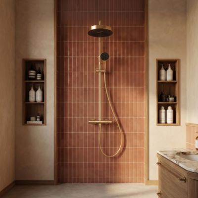 Colonne de douche thermostatique avec pommeau + douchette 3 jets + flexible, doré, Essebagno Lumio