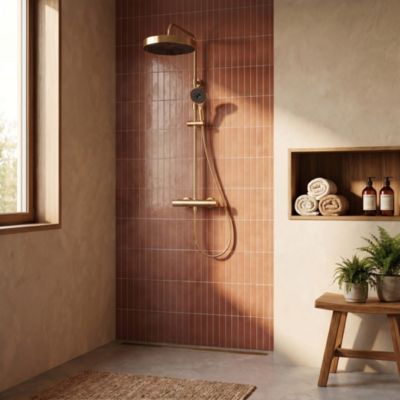 Colonne de douche thermostatique avec pommeau + douchette 3 jets + flexible, doré, Essebagno Lumio