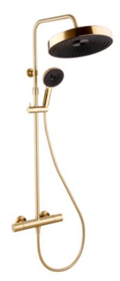 Colonne de douche thermostatique avec pommeau + douchette 3 jets + flexible, doré, Essebagno Lumio