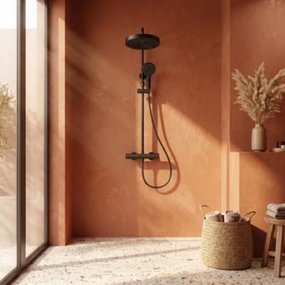 Colonne de douche thermostatique avec pommeau + douchette 3 jets + flexible, noir mat, Essebagno Lumio