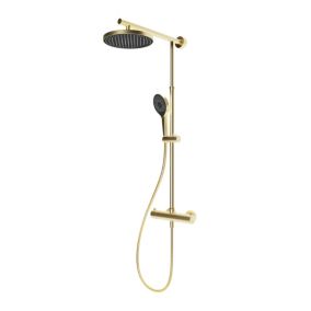 Colonne de douche thermostatique avec pommeau + douchette + flexible + barre réglable, coloris doré, Schulte Rain