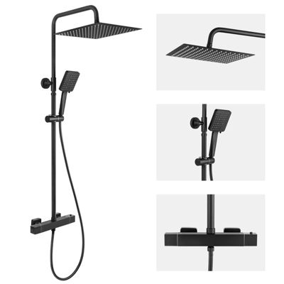Colonne de douche thermostatique avec tête de douche 30 x 30 cm douchette 6 jets hauteur réglable mitigeur noir