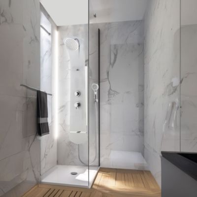Colonne de douche thermostatique avec tablette, pomme de tête, douchette et flexible, blanc, Valentin Nautilus