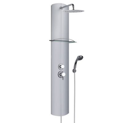 Colonne de douche thermostatique avec tablette, pomme de tête, douchette et flexible, en aluminium anodisé gris, Valentin Totmy