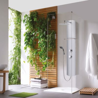 Colonne de douche thermostatique avec tablette, pomme de tête, douchette et flexible, en aluminium anodisé gris, Valentin Totmy