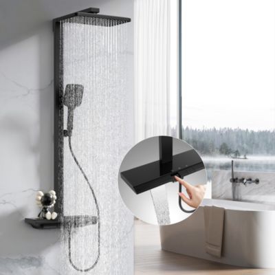 Colonne de Douche Thermostatique avec Tablette Sécurité 38C Jet Pluie et Cascade Aluminium Noir