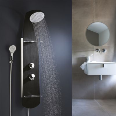 Colonne de douche thermostatique avec tablettes, pomme de tête, douchette et flexible, noir, Valentin Nautilus