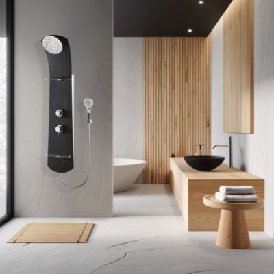 Colonne de douche thermostatique avec tablettes, pomme de tête, douchette et flexible, noir, Valentin Nautilus