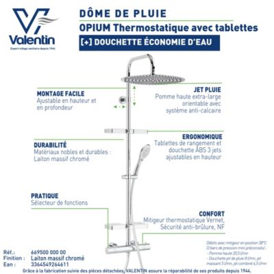 Colonne de douche thermostatique avec tablettes, pomme de tête large, douchette et flexible, chrome, Valentin Opium