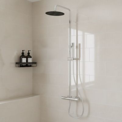 Colonne de douche thermostatique + barre réglable + douchette + flexible, chrome, GoodHome Owens