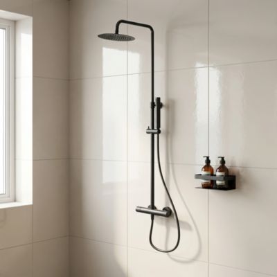 Colonne de douche thermostatique + barre réglable + douchette + flexible, noir mat, GoodHome Owens