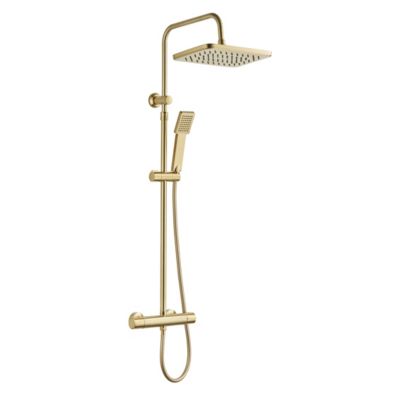Colonne de douche thermostatique carrée avec douchette, pomme de douche, barre réglable et mitigeur, doré brossé, Edouard Rousseau Vorak