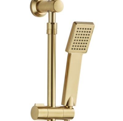 Colonne de douche thermostatique carrée avec douchette, pomme de douche, barre réglable et mitigeur, doré brossé, Edouard Rousseau Vorak